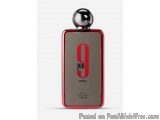 The image is of a perfume bottle with a red body and a silver cap. The bottle is rectangular in shape and has a sleek and mod...