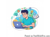 The image shows a young man sitting at a desk with a laptop in front of him. He is wearing a blue t-shirt and has a cup of co...