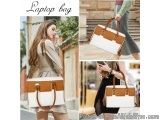 The image is a collage of three photos showcasing a laptop bag. The first photo on the left shows a young woman walking on th...
