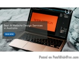 The image shows a laptop with an orange screen displaying the text "Best AI Website Design Services in Australia". The laptop...