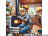 In this image, we can see a young woman wearing a yellow hard hat and overalls, kneeling on the floor in front of a wood burn...