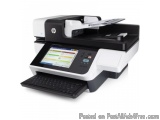 The image shows an HP Color LaserJet Enterprise Flow MFP (Color Laser Printer) with a touch screen interface. The printer is...