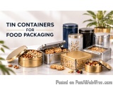 The image shows a collection of tin containers for food packaging. There are six containers in total, arranged on a white mar...