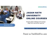 The image is an advertisement for Jagan Nath University Online Courses. It has a blue background with white text. On the left...