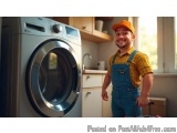 The image shows a young man standing in front of a washing machine in a laundry room. He is wearing a yellow plaid shirt, blu...