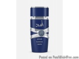 The image is of a blue-colored perfume bottle with a silver-colored cap. The bottle is cylindrical in shape and has a label o...