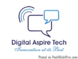 The image is a logo for Digital Aspire Tech, an innovation at its best. The logo consists of two speech bubbles, one in blue...