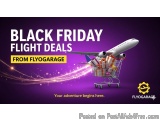 The image is an advertisement for Flygarage's Black Friday flight deals. The background is a deep purple color with a white a...