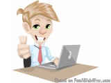 The image is a cartoon illustration of a young man sitting at a desk with a laptop in front of him. He is wearing a blue shir...