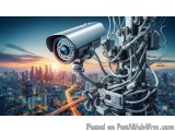 The image shows a security camera mounted on top of a robot arm. The robot arm is made up of multiple wires and cables, and i...