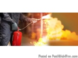 The image shows a person's hand holding a red fire extinguisher and using it to extinguish a fire. The person is wearing a bl...