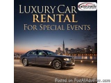 The image is an advertisement for a luxury car rental service offered by Worldwide Luxury Car Rental. The background of the i...