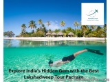 The image shows a person snorkeling in the crystal clear waters of a tropical island. The person is wearing a white swimsuit...
