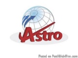 The image is a logo for the company Astro. It features a globe with a blue arrow pointing towards it. The globe is in the cen...