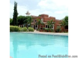 The image shows a large swimming pool with crystal clear blue water. The pool is surrounded by lush greenery and palm trees....
