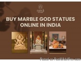 The image is an advertisement for buying marble god statues online in India. It has a brown background with the logo of Nandi...