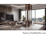 The image shows a modern living room with a large window that offers a panoramic view of the city. The room has a high ceilin...