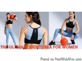 The image is a collage of three photos of a young woman wearing a sports bra and leggings. The sports bra is black and blue i...