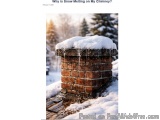 The image shows a brick chimney covered in snow. The chimney appears to be old and weathered, with some cracks and chips visi...