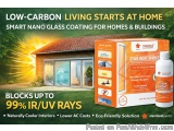 The image is an advertisement for a product called "Low-carbon living starts at home smart nano glass coating for homes & bui...