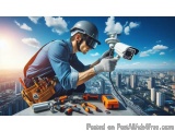 The image shows a construction worker wearing a hard hat, safety goggles, and a tool belt with various tools. He is holding a...