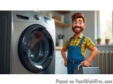The image shows a cartoon character of a man standing in front of a washing machine. The man is wearing a yellow plaid shirt...
