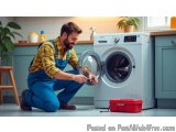 In this image, we can see a man in a kitchen setting setting up a washing machine. He is wearing a yellow plaid shirt and blu...