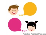 The image shows two speech bubbles with a boy and a girl inside them. The boy has brown hair and is smiling, while the girl h...
