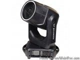 The image shows a black LED moving head light, which is a type of stage light used for moving head lighting. It has a round l...