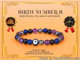 The image is a product advertisement for a birth number 8 bracelet. The background is a light orange color with a gold border...