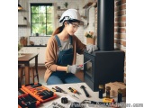 In this image, we can see a young woman wearing a white hard hat and overalls, working on a wood burning stove in a kitchen....