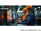 The image shows two workers in a factory setting. They are both wearing orange hard hats and safety vests. The worker on the...