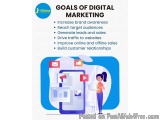 The image is an infographic that explains the goals of digital marketing. It has a blue background with a large illustration...