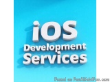 The image is a 3D rendering of the text "iOS Development Services" in white capital letters on a blue background. The text is...