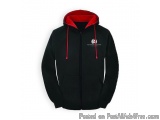 The image is of a black hoodie with a red hood. The hoodie has a full zipper on the front and two red drawstrings on the side...