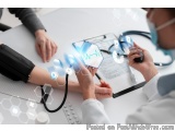 The image shows a doctor and a patient sitting at a desk with a clipboard and a stethoscope. The doctor is wearing a white co...