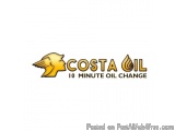 The image is a logo for Costa Oil, a company that provides 10 minute oil change. The logo is in the shape of a bird's head wi...