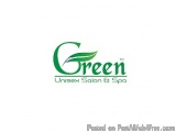 The image is a logo for a company called "Green Unisex Salon & Spa". The logo is a simple design with a green color scheme an...
