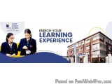 The image is an advertisement for a school or college. It has a blue background with a white banner at the top that reads "En...