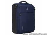The image shows a navy blue backpack with a rectangular shape. It has a top handle and a zipper closure on the front. The bac...