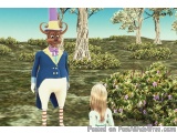 The image shows a cartoon character standing in a garden with a young girl. The character is wearing a blue coat, white pants...