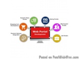 The image is a diagram that represents the concept of web portal development. It shows a computer monitor with the words "Web...