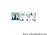 The image is a logo for Apollo Outdoor Lighting. It has a blue background with a white border. In the center of the logo, the...
