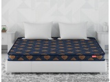 The image shows a modern bedroom with a white bed in the center. The bed has a blue mattress with a diamond pattern on it. Th...