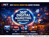 The image is an advertisement for a digital marketing agency called DRET Digital Retina. The background of the image is a cit...