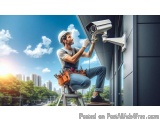 The image shows a man wearing a hard hat and overalls, sitting on a ladder and working on a security camera mounted on the si...