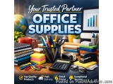 The image is an advertisement for office supplies. It has a blue background with white text that reads "Your Trusted Partner...