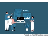 The image shows a group of three people in a room with a desk and a computer. On the left side of the image, there is a man s...
