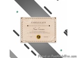 The image is a certificate template with a beige background and black and white geometric shapes. The certificate is rectangu...