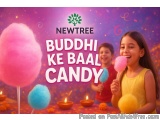 The image is an advertisement for Newtree's Buddha Ke Baal Candy. The background is a gradient of pink and purple, with the N...